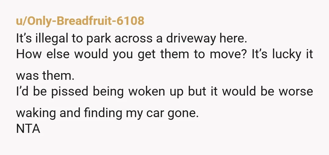 u/Only-Breadfruit-6108 It’s illegal to park across a driveway here. How else would you get them to move? It’s lucky it was them. I’d be pissed being woken up but it...