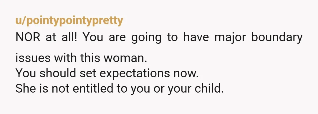 u/pointypointypretty
NOR at all! You are going to have major boundary issues with this woman.
You should set expectations now.
She is not entitled to you or your child.