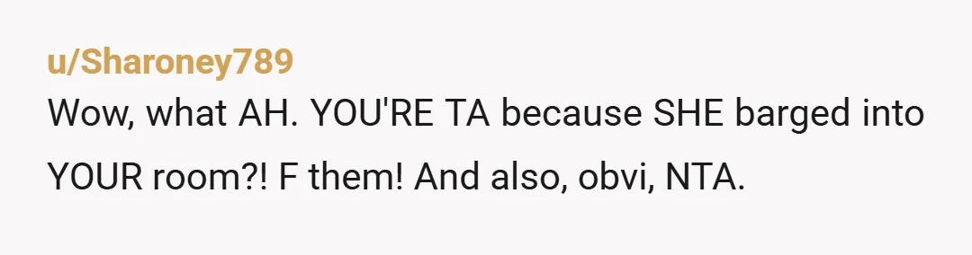 u/Sharoney789
Wow, what AH. YOU'RE TA because SHE barged into YOUR room?! F them! And also, obvi, NTA.