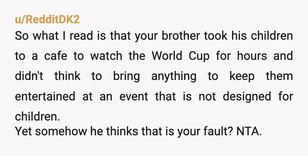 u/RedditDK2 So what I read is that your brother took his children to a cafe to watch the World Cup for hours and didn't think to bring anything to keep...