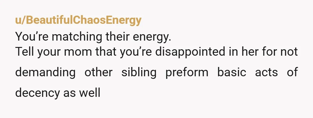 u/BeautifulChaosEnergy
You’re matching their energy.
Tell your mom that you’re disappointed in her for not demanding other sibling preform basic acts of decency as well