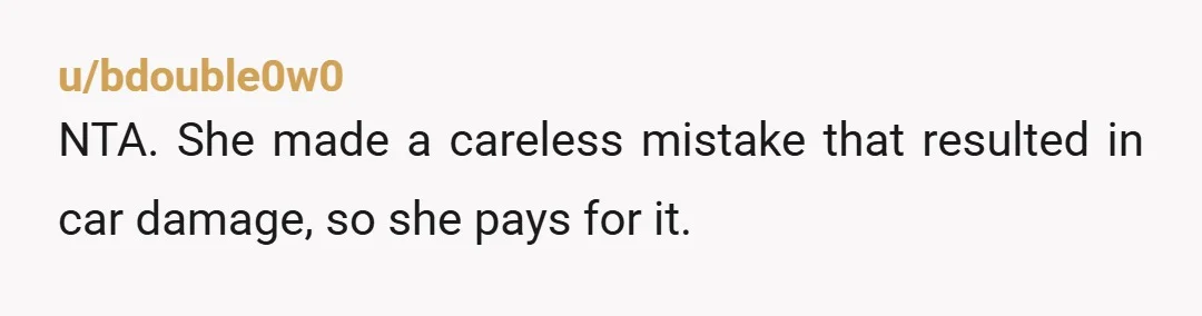u/bdouble0w0
NTA. She made a careless mistake that resulted in car damage, so she pays for it.