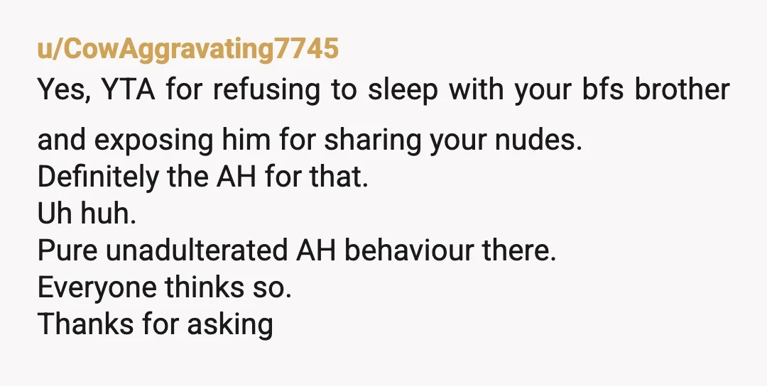 u/CowAggravating7745 Yes, YTA for refusing to sleep with your bfs brother and exposing him for sharing your nudes. Definitely the AH for that. Uh huh. Pure unadulterated AH behaviour there....