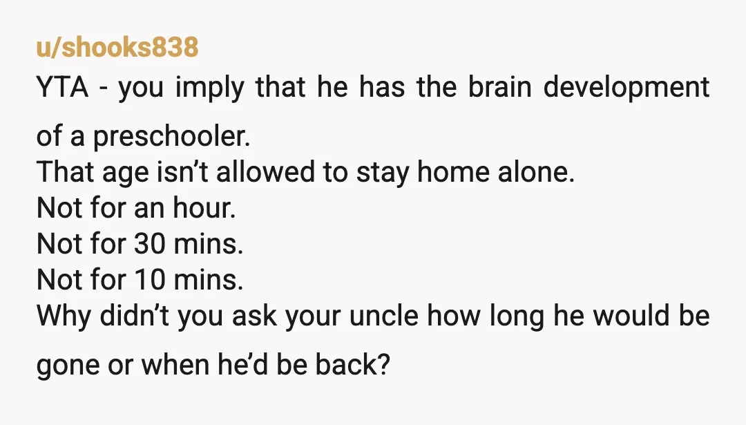 u/ApprehensiveBook4214 "...the entire issue was caused by him lying for no reason." The entire issue was caused by you leaving him alone after agreeing to watch him. This doesn't read...