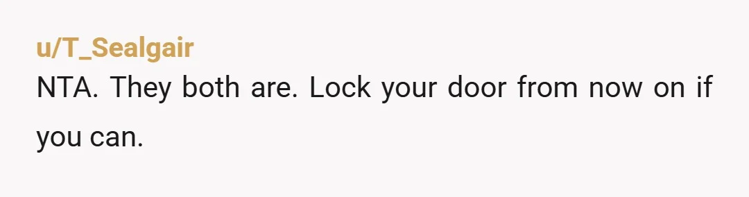 u/T_Sealgair
NTA.  They both are.  Lock your door from now on if you can.