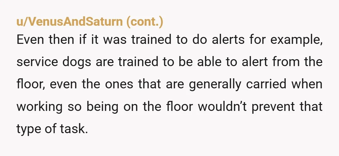 u/RealPawtism If it happened in the US, then NTA. Anyone with a legitimate service dog is well aware that they are not allowed on the bench, chairs, tables, or other...