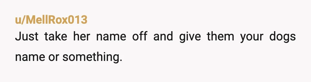 u/MellRox013
Just take her name off and give them your dogs name or something.