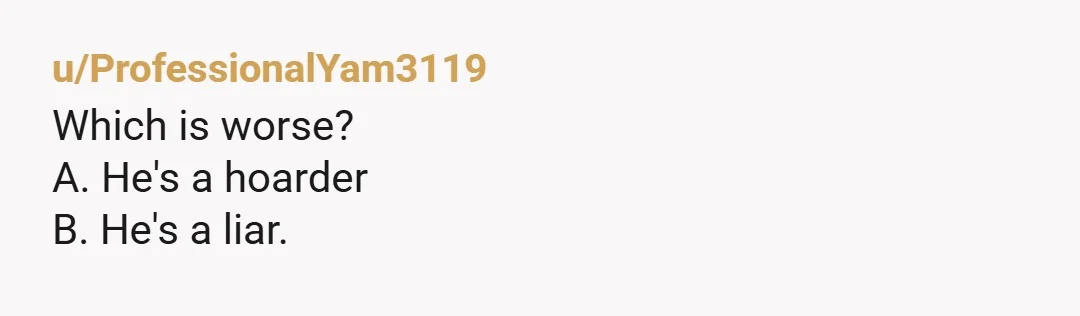 u/ProfessionalYam3119 Which is worse? A. He's a hoarder B. He's a liar.