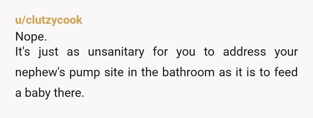 u/clutzycook
Nope.
It's just as unsanitary for you to address your nephew's pump site in the bathroom as it is to feed a baby there.
