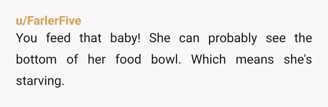 u/FarlerFive You feed that baby! She can probably see the bottom of her food bowl. Which means she's starving.