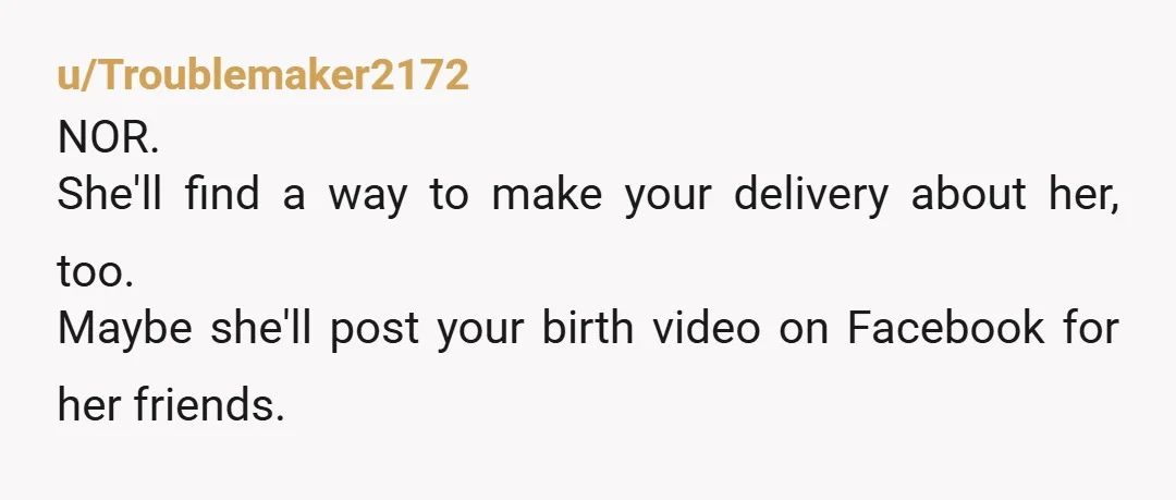 u/Troublemaker2172
NOR.
She'll find a way to make your delivery about her, too.
Maybe she'll post your birth video on Facebook for her friends.