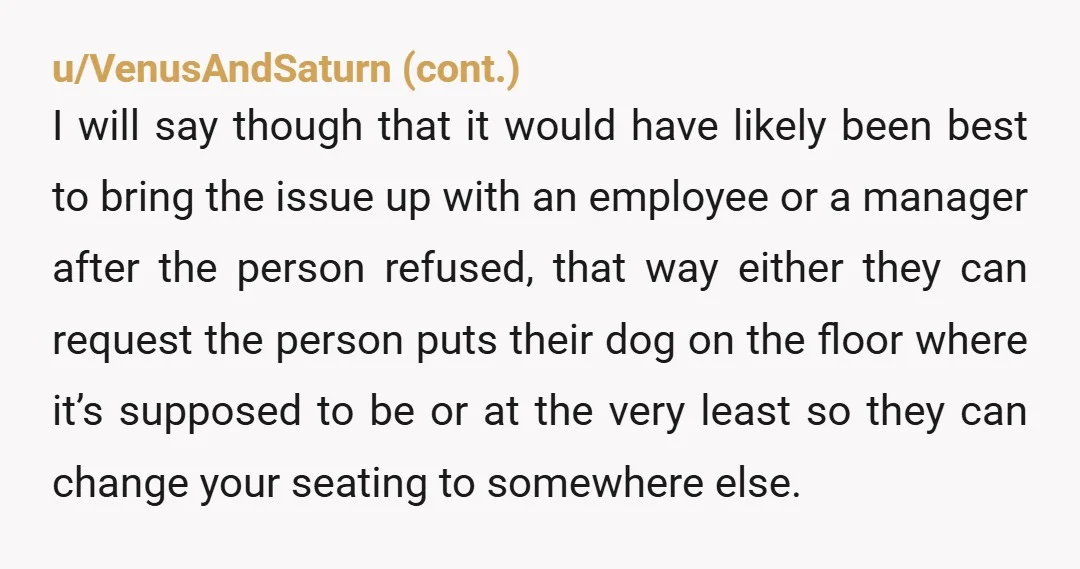 u/Glum_Hamster_1076 NTA Service dog or not, it shouldn’t be on or impeding others. If his dog needs to be on the seat and is so big it touches others, the...