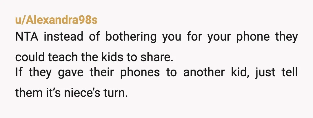 u/Alexandra98s
NTA instead of bothering you for your phone they could teach the kids to share.
If they gave their phones to another kid, just tell them it’s niece’s turn.