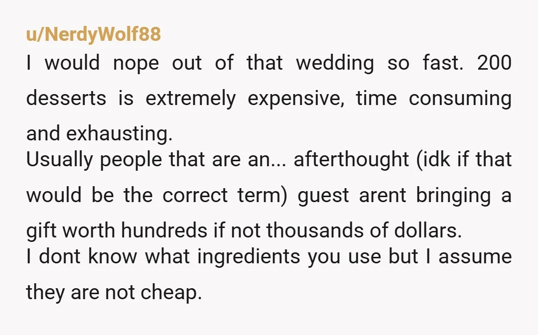 u/NerdyWolf88 I would nope out of that wedding so fast. 200 desserts is extremely expensive, time consuming and exhausting. Usually people that are an... afterthought (idk if that would be...
