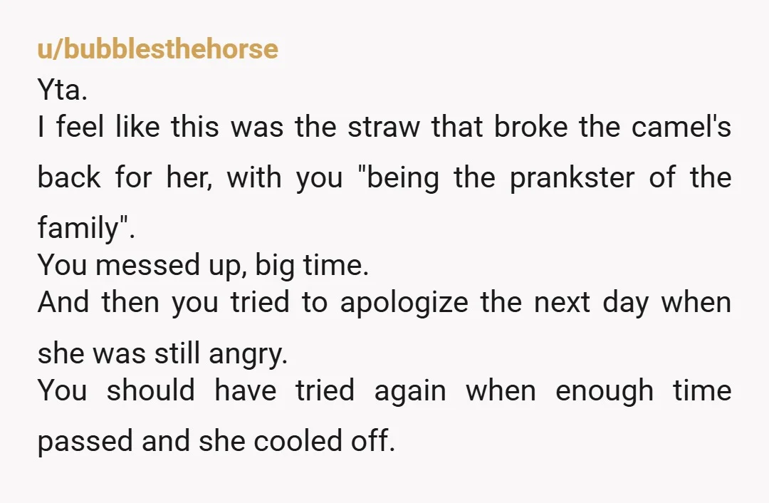 u/bubblesthehorse Yta. I feel like this was the straw that broke the camel's back for her, with you "being the prankster of the family". You messed up, big time. And...