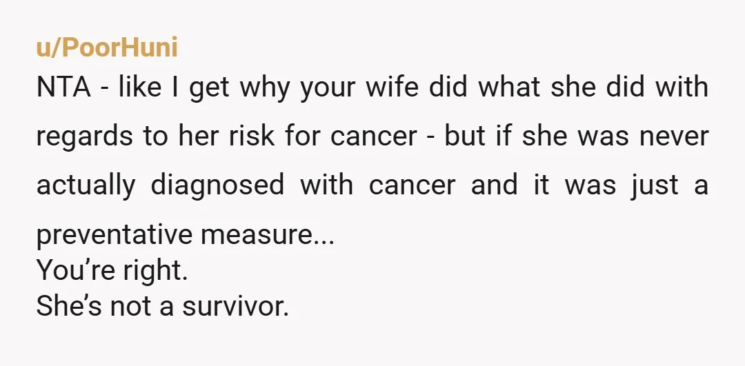u/PoorHuni NTA - like I get why your wife did what she did with regards to her risk for cancer - but if she was never actually diagnosed with cancer...
