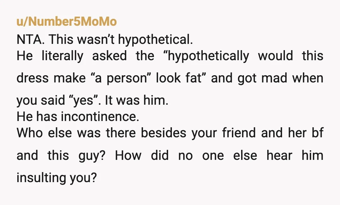 u/Number5MoMo NTA. This wasn’t hypothetical. He literally asked the “hypothetically would this dress make “a person” look fat” and got mad when you said “yes”. It was him. He has...