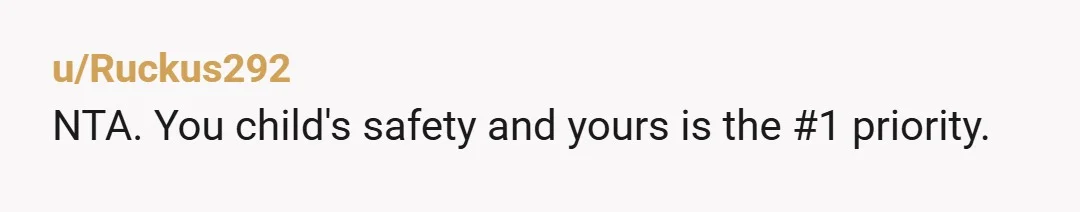 u/Ruckus292
NTA. You child's safety and yours is the #1 priority.