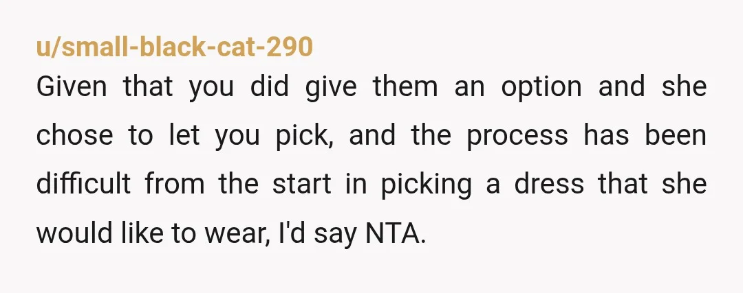 u/Old_Pianist_497 The funniest part is that Jen had the option to pick her own blue dress and avoid this entire problem. She voluntarily chose the "you pick, you pay" package...