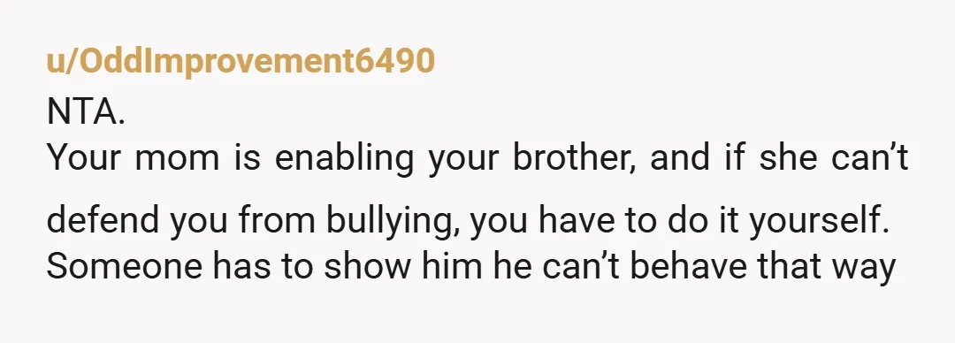 u/OddImprovement6490 NTA. Your mom is enabling your brother, and if she can’t defend you from bullying, you have to do it yourself. Someone has to show him he can’t behave...