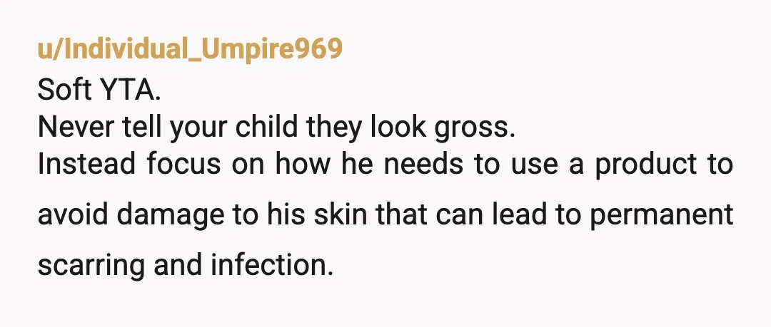 u/absxlution I mean honestly I do think YTA. The average 13 year old knows that they (edit: blackheads/whiteheads/acne, not the child) aren't attractive, but he's at the age where he's...