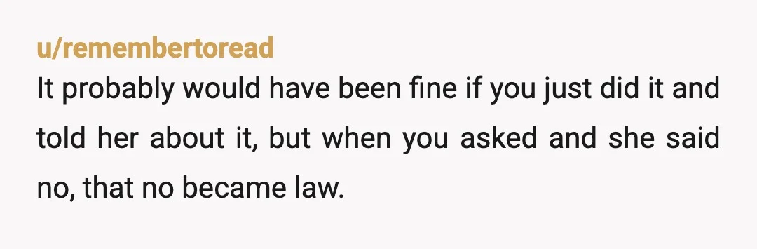 u/remembertoread It probably would have been fine if you just did it and told her about it, but when you asked and she said no, that no became law. The...