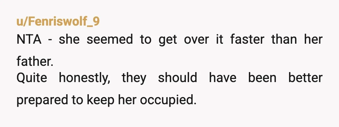 u/Fenriswolf_9
NTA - she seemed to get over it faster than her father.
Quite honestly, they should have been better prepared to keep her occupied.
