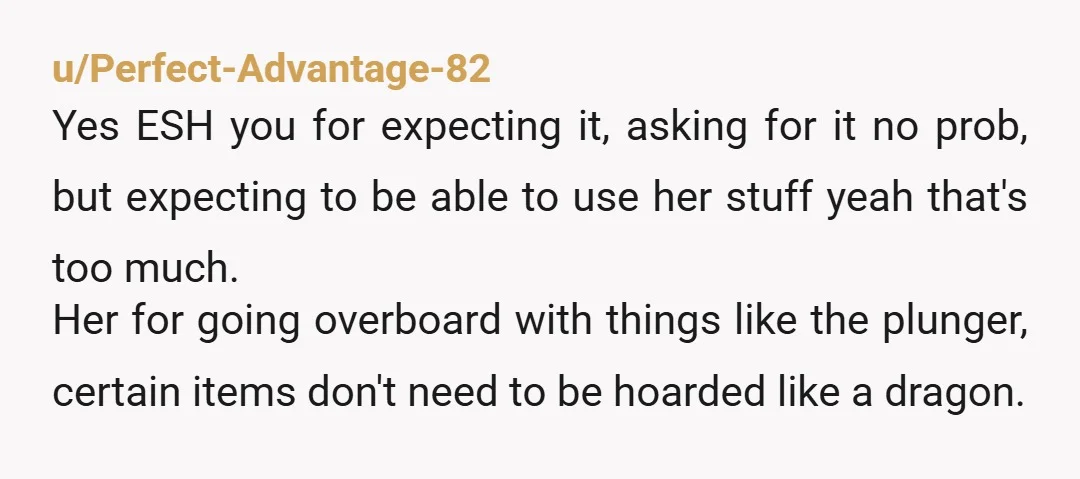 u/Perfect-Advantage-82 Yes ESH you for expecting it, asking for it no prob, but expecting to be able to use her stuff yeah that's too much. Her for going overboard with...