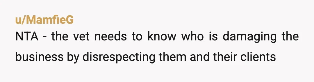 u/MamfieG
NTA - the vet needs to know who is damaging the business by disrespecting them and their clients