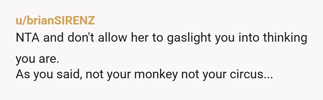 u/brianSIRENZ
NTA and don't allow her to gaslight you into thinking you are.
As you said, not your monkey not your circus...