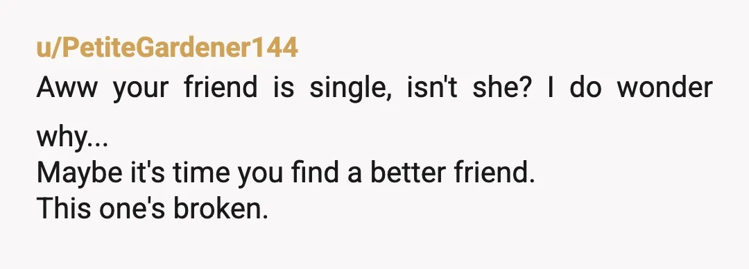 u/PetiteGardener144
Aww your friend is single, isn't she? I do wonder why...
Maybe it's time you find a better friend.
This one's broken.