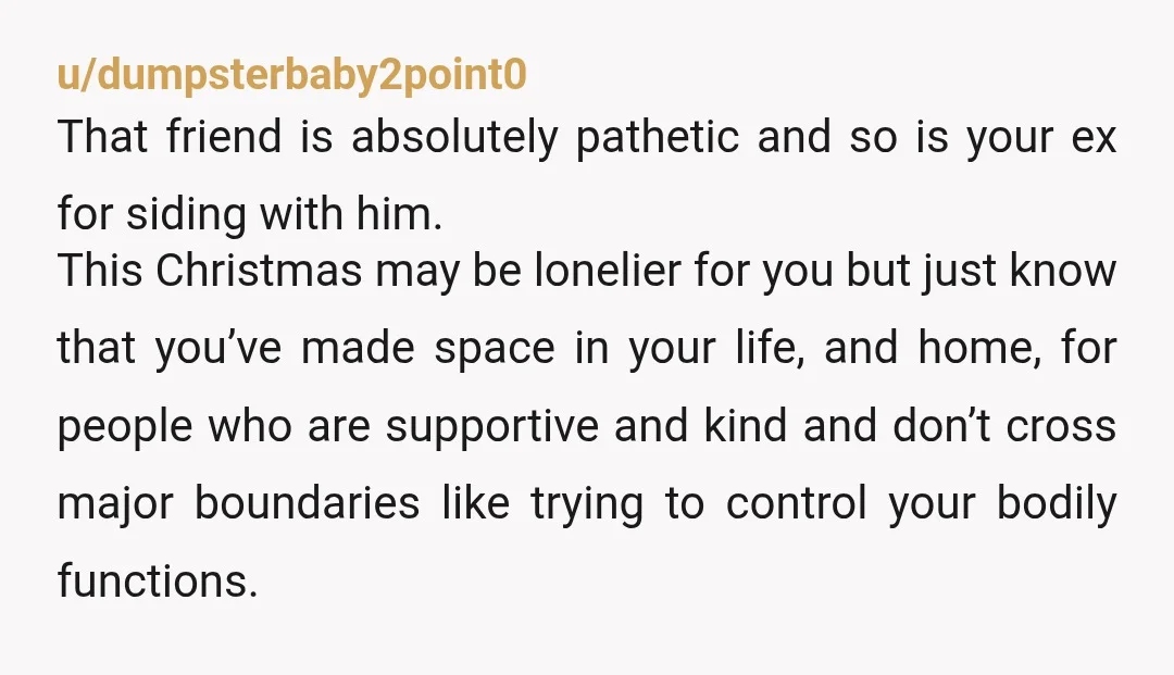 u/dumpsterbaby2point0 That friend is absolutely pathetic and so is your ex for siding with him. This Christmas may be lonelier for you but just know that you’ve made space in...