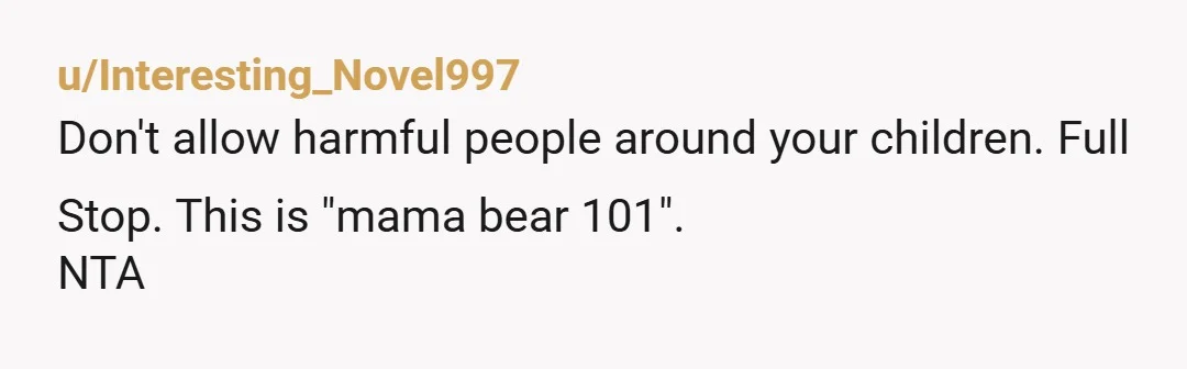 u/Interesting_Novel997
Don't allow harmful people around your children. Full Stop. This is "mama bear 101".
NTA