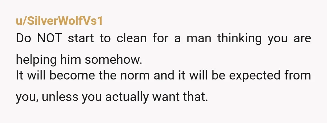 u/SilverWolfVs1 Do NOT start to clean for a man thinking you are helping him somehow. It will become the norm and it will be expected from you, unless you actually...