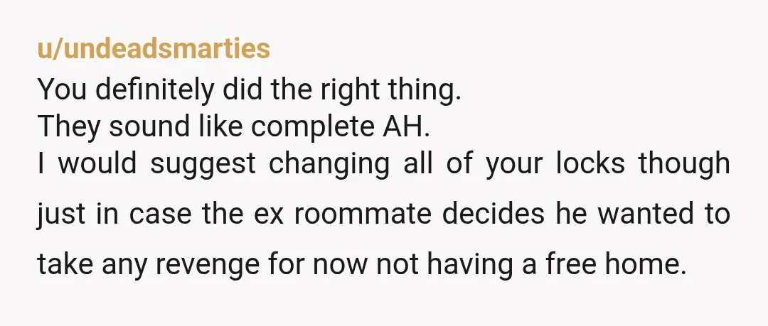 u/undeadsmarties You definitely did the right thing. They sound like complete AH. I would suggest changing all of your locks though just in case the ex roommate decides he wanted...
