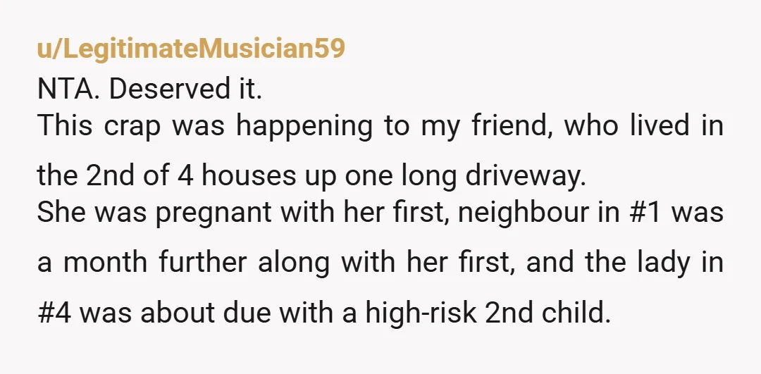 u/LegitimateMusician59 NTA. Deserved it. This crap was happening to my friend, who lived in the 2nd of 4 houses up one long driveway. She was pregnant with her first, neighbour...