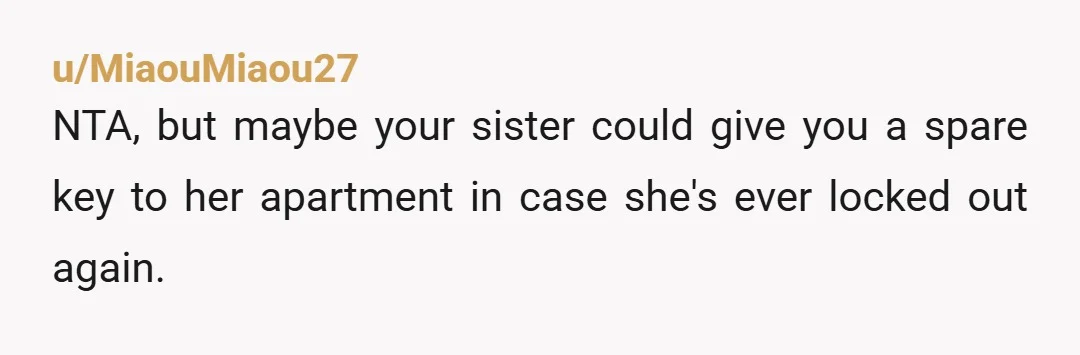 u/MiaouMiaou27
NTA, but maybe your sister could give you a spare key to her apartment in case she's ever locked out again.