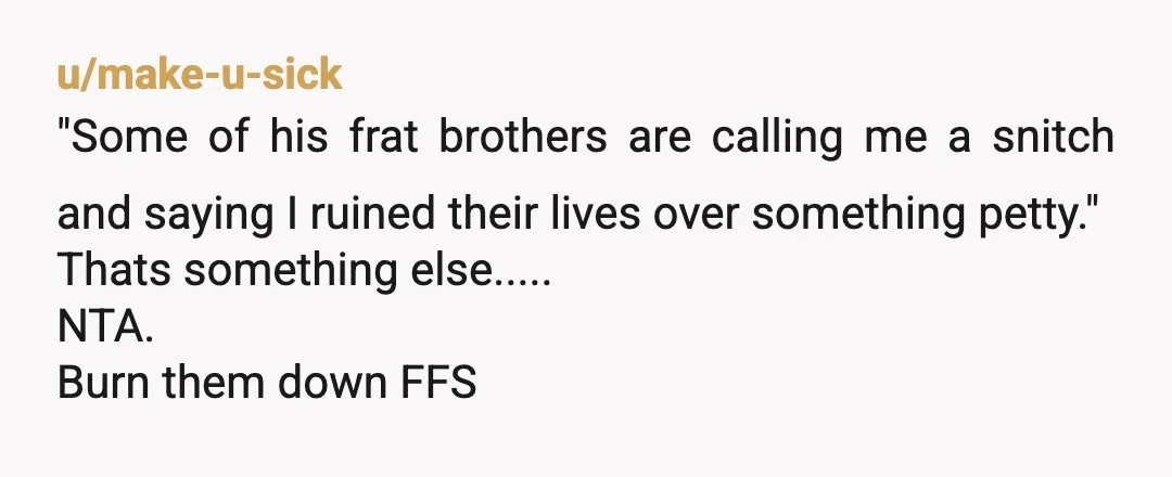 u/make-u-sick
"Some of his frat brothers are calling me a snitch and saying I ruined their lives over something petty."
Thats something else.....
NTA.
Burn them down FFS
