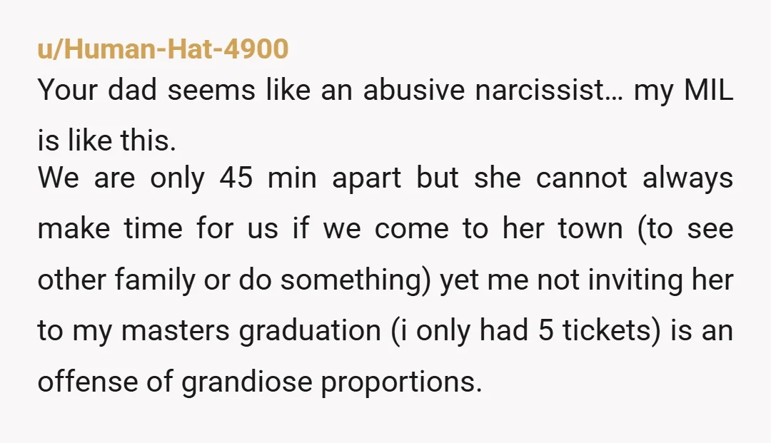 u/Human-Hat-4900 Your dad seems like an abusive narcissist… my MIL is like this. We are only 45 min apart but she cannot always make time for us if we come...