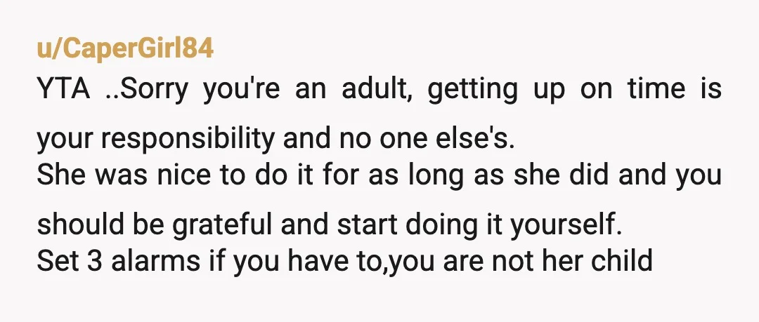 u/2_old_for_this_spit
YTA.
Making sure you get up on time is YOUR responsibility.
She was doing you a favor, not fulfilling an obligation.
