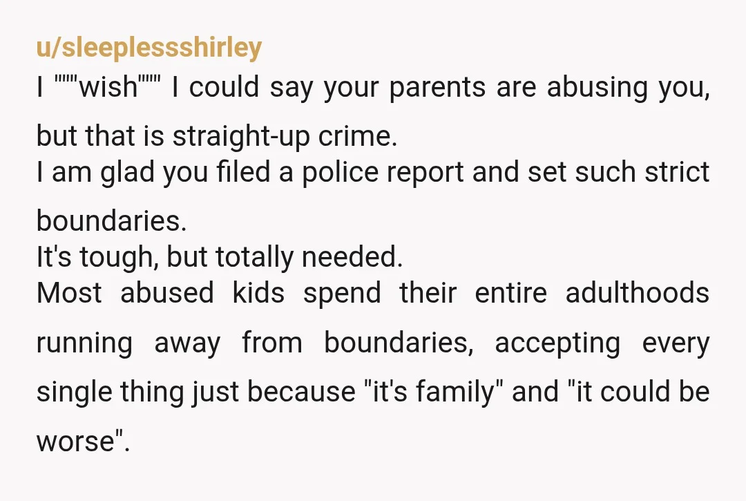 u/sleeplessshirley I """wish""" I could say your parents are abusing you, but that is straight-up crime. I am glad you filed a police report and set such strict boundaries. It's...
