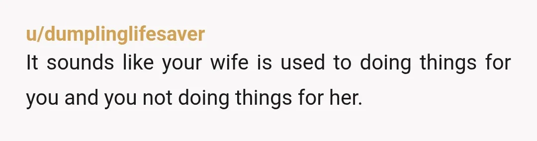u/dumplinglifesaver
It sounds like your wife is used to doing things for you and you not doing things for her.