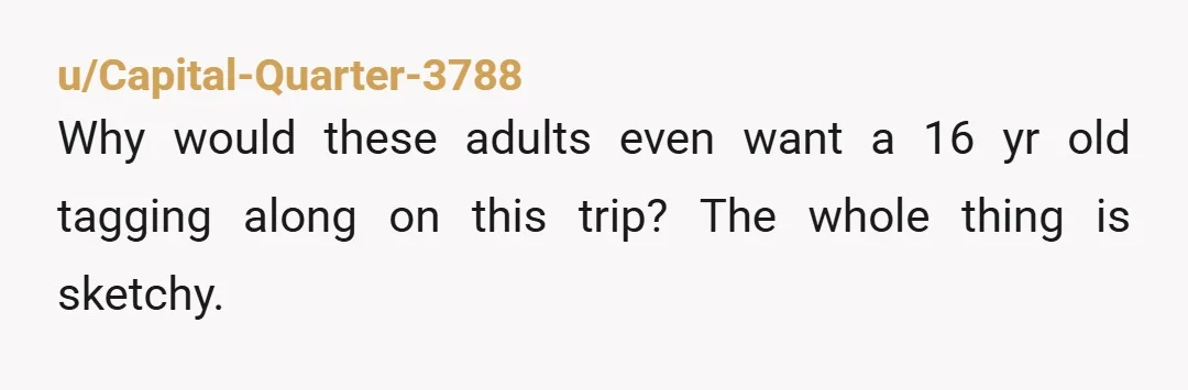 u/Capital-Quarter-3788
Why would these adults even want a 16 yr old tagging along on this trip? The whole thing is sketchy.