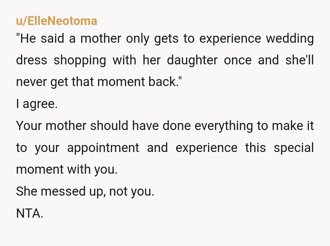 u/galacticprincess NTA. Your mother had the ability to be there on time, but she chose not to follow the plan and not to wake up on time. It was an...