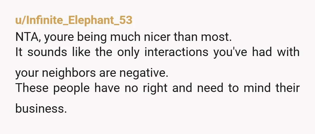 u/Infinite_Elephant_53 NTA, youre being much nicer than most. It sounds like the only interactions you've had with your neighbors are negative. These people have no right and need to mind...