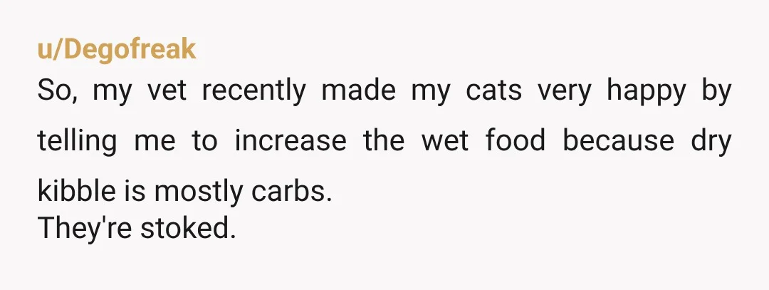 u/Degofreak So, my vet recently made my cats very happy by telling me to increase the wet food because dry kibble is mostly carbs. They're stoked.