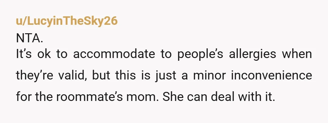 u/LucyinTheSky26 NTA. It’s ok to accommodate to people’s allergies when they’re valid, but this is just a minor inconvenience for the roommate’s mom. She can deal with it. The shrimp...