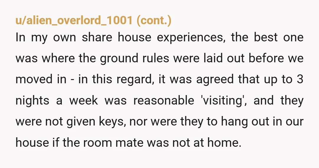 u/Embarrassed-Math-699 Def NTA. You need to have the conversation with the roommate & let him know that she doesn't live there & she can't just come & go as she...