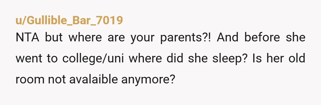 u/Gullible_Bar_7019
NTA but where are your parents?! And before she went to college/uni where did she sleep? Is her old room not avalaible anymore?