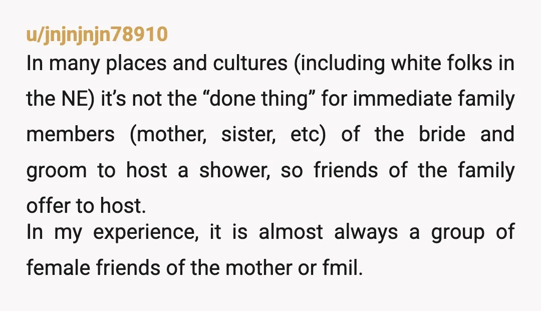 u/jnjnjnjn78910 In many places and cultures (including white folks in the NE) it’s not the “done thing” for immediate family members (mother, sister, etc) of the bride and groom to...